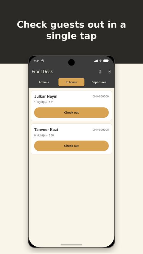bedsKey Front Desk in-house guest list with one-tap check-out buttons