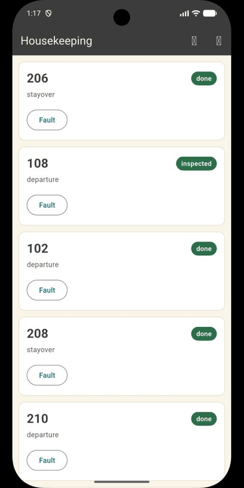 bedsKey Housekeeping room list with status for each room