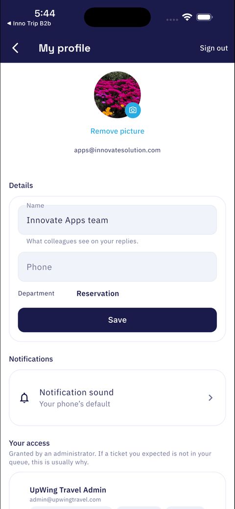 Innovate Ticket agent profile with department, notification sound and administrator-granted access