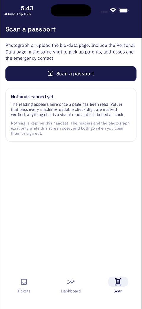 Innovate Ticket passport scanner asking for a photo or upload of the bio-data page