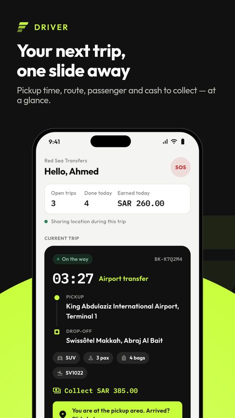 TransferArc Driver home screen with the next airport transfer, pickup time and slide-to-update control