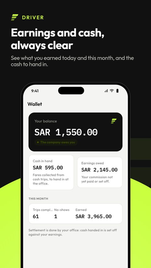 TransferArc Driver wallet with balance, cash in hand and monthly earnings