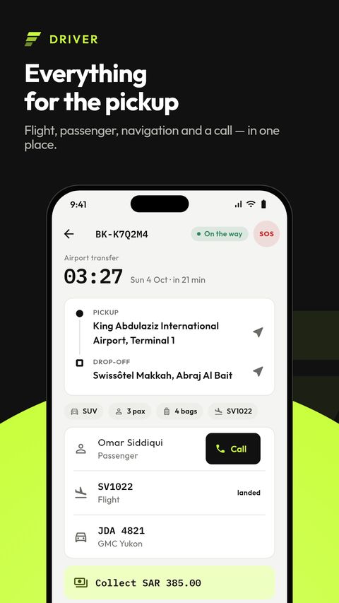TransferArc Driver trip detail with flight, passenger, navigation and call actions