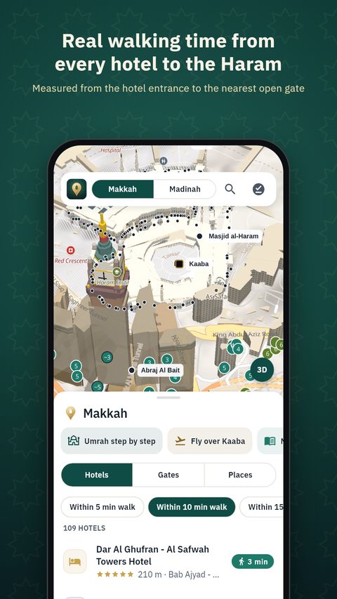Umrah Map hotel list in Makkah filtered by walking time to the Haram, over a 3D map of Masjid al-Haram