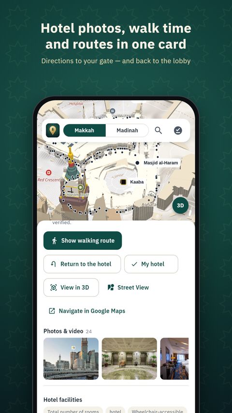 Umrah Map hotel card with photos, walking route to the gate and the way back to the lobby