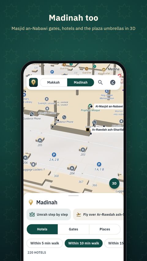 Masjid an-Nabawi in 3D in Umrah Map, showing gates, nearby hotels and the plaza umbrellas