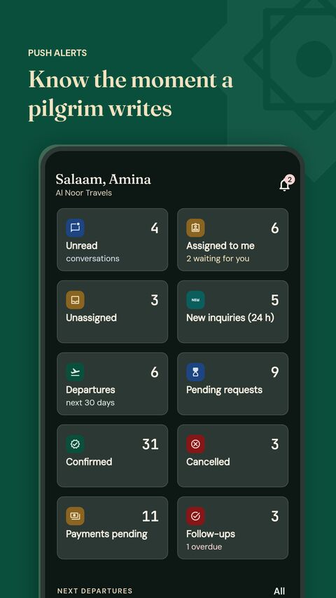 UmrahCore Agent push alerts for new pilgrim messages