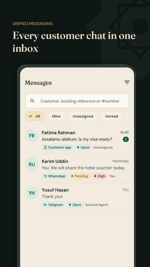 UmrahCore Agent unified inbox with customer-app, WhatsApp and Telegram conversations