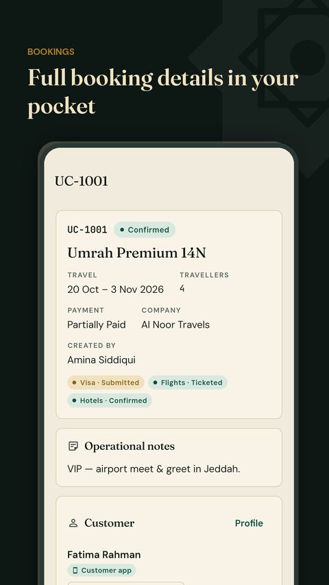 UmrahCore Agent Umrah booking with travel dates, travellers, payment status and visa, flight and hotel status