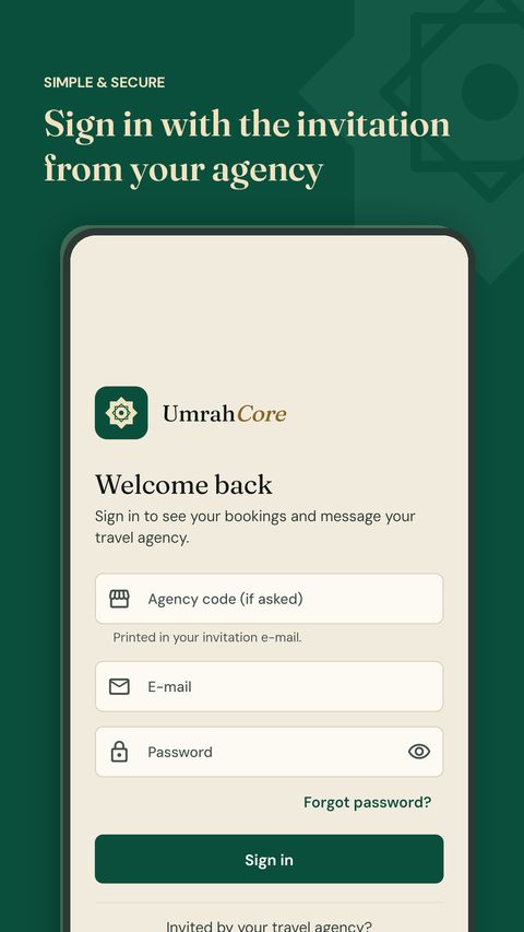 UmrahCore pilgrim app sign-in with agency code, e-mail and password from the agency invitation