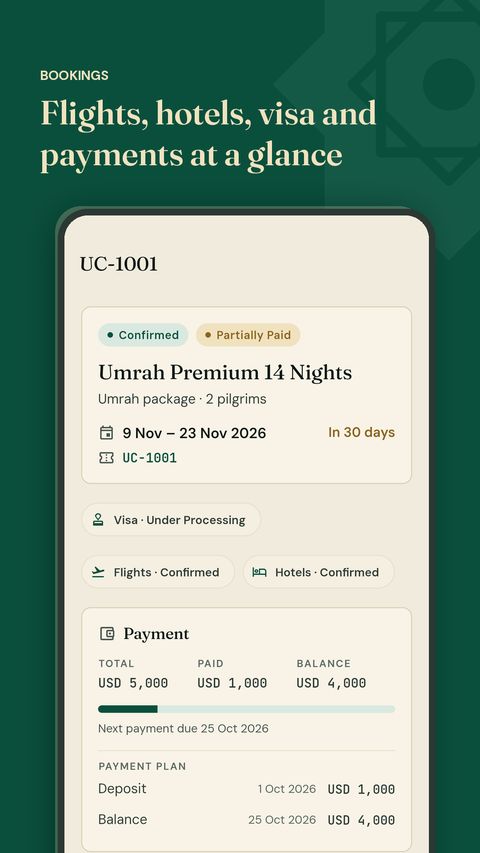 UmrahCore Umrah booking with flight, hotel and visa status and the agency payment plan