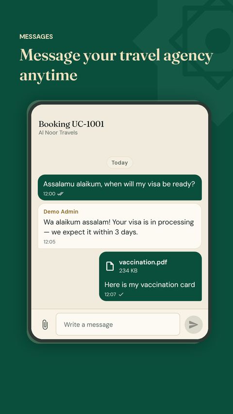 UmrahCore booking chat between a pilgrim and the travel agency, with a shared document