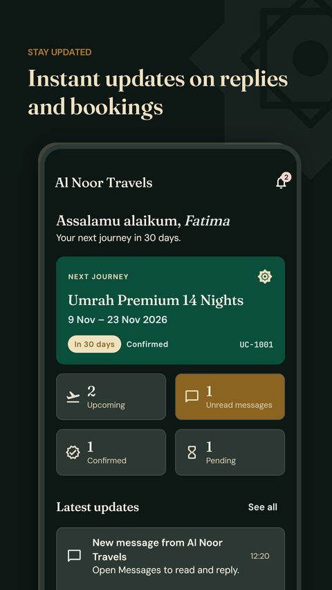UmrahCore home screen with the next Umrah journey, unread messages and latest updates