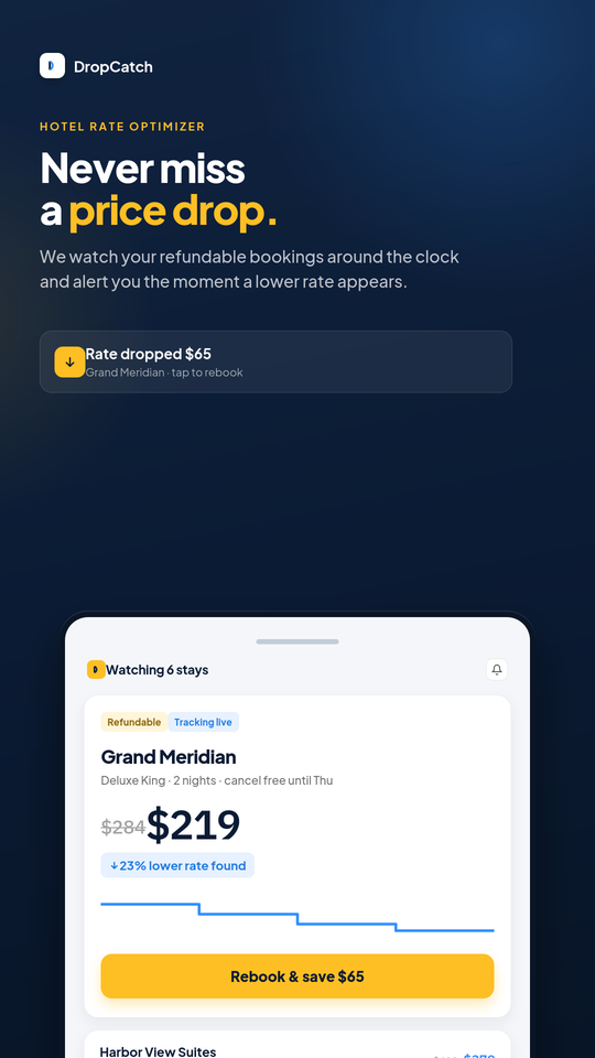 Drop Catch watching six refundable hotel stays, showing a tracked booking with its rate history and a rebook action