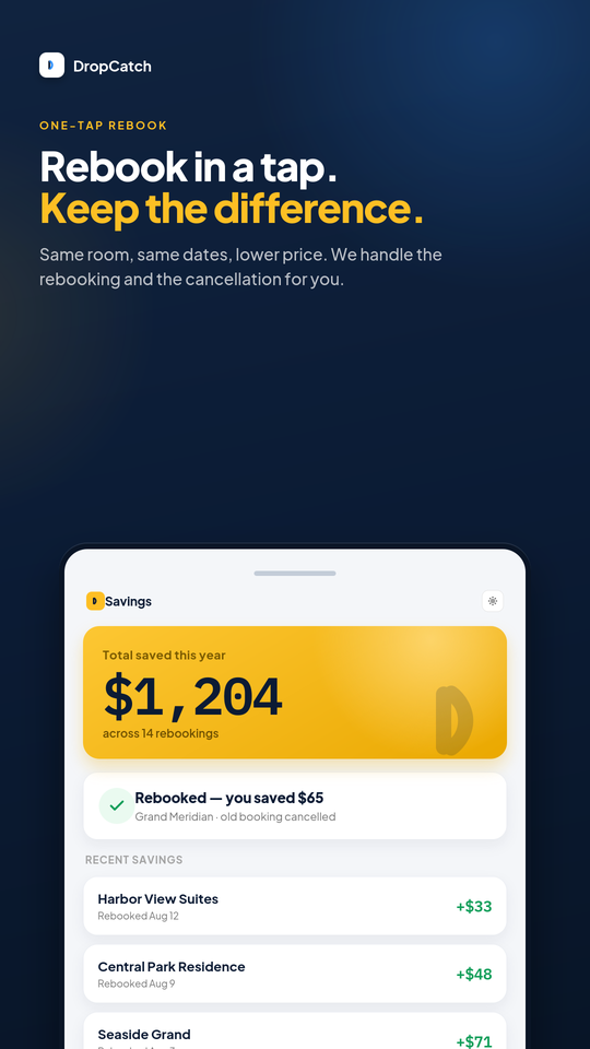 The Drop Catch savings screen summarising rebookings and the amount saved on each