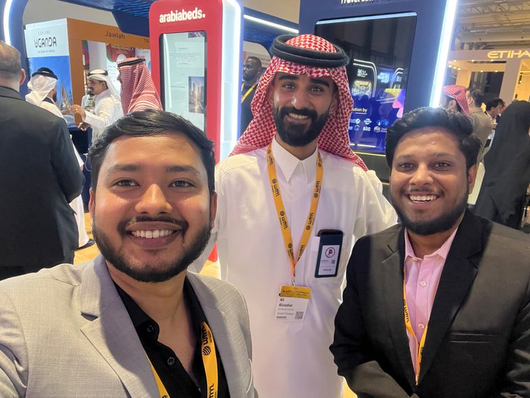 On the exhibition floor beside the bed bank and airline stands at WTM Spotlight Riyadh 2026